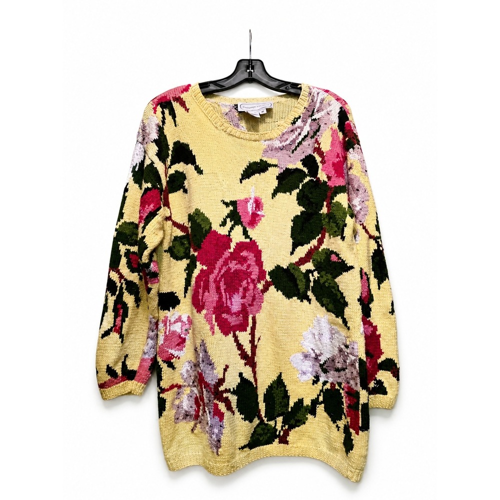 Adrienne Vittadini Floral Knit Sweater Women's Medium Yellow Print Cottagecore
